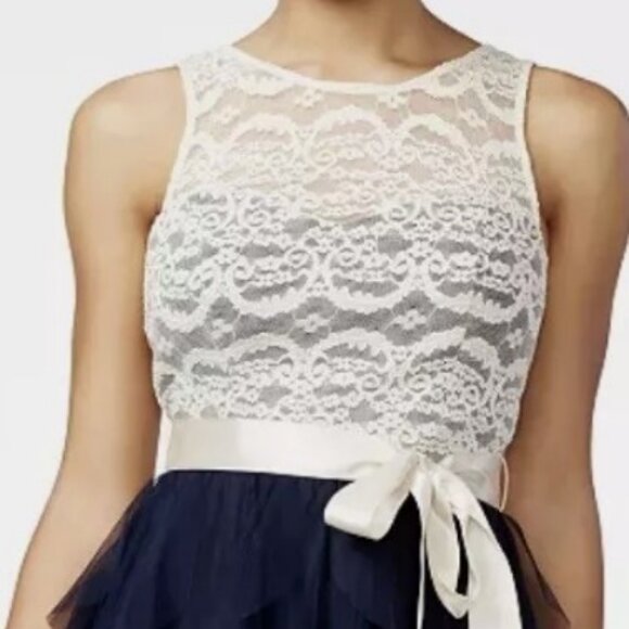 TEEZE ME-Juniors Ivory Cream Lace Navy Blue Ruffled Mini A-Line Dress-Size 5/6 - Picture 6 of 7